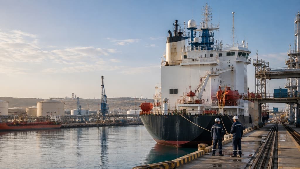 Commercial maritime vessel and port terminal