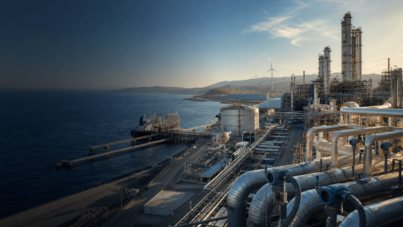 Coastal industrial complex integrating maritime infrastructure, process technology, renewable energy and advanced monitoring systems