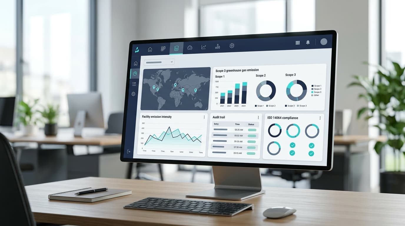 Industrial carbon management SaaS dashboard interface displaying emissions accounting and MRV data