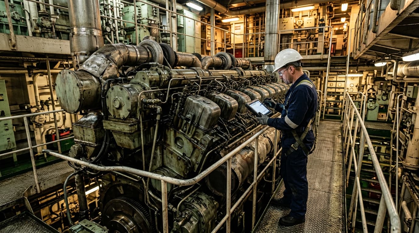 Marine Diesel propulsion engine room with diagnostic monitoring on commercial vessel