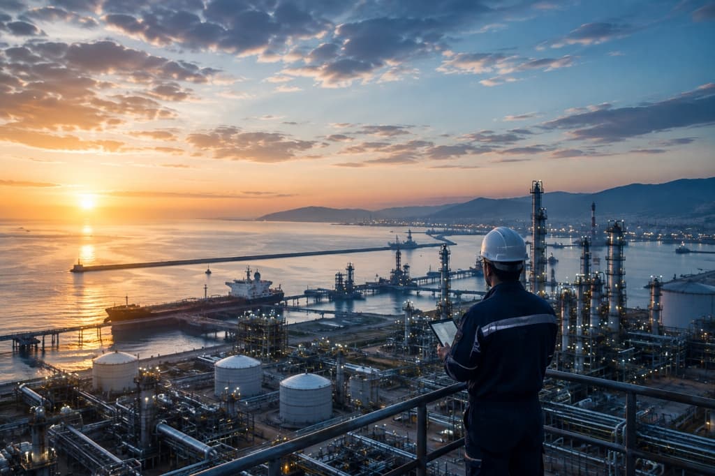Cinematic maritime and petrochemical industrial scene at sunset with engineer overseeing operations in Algeria