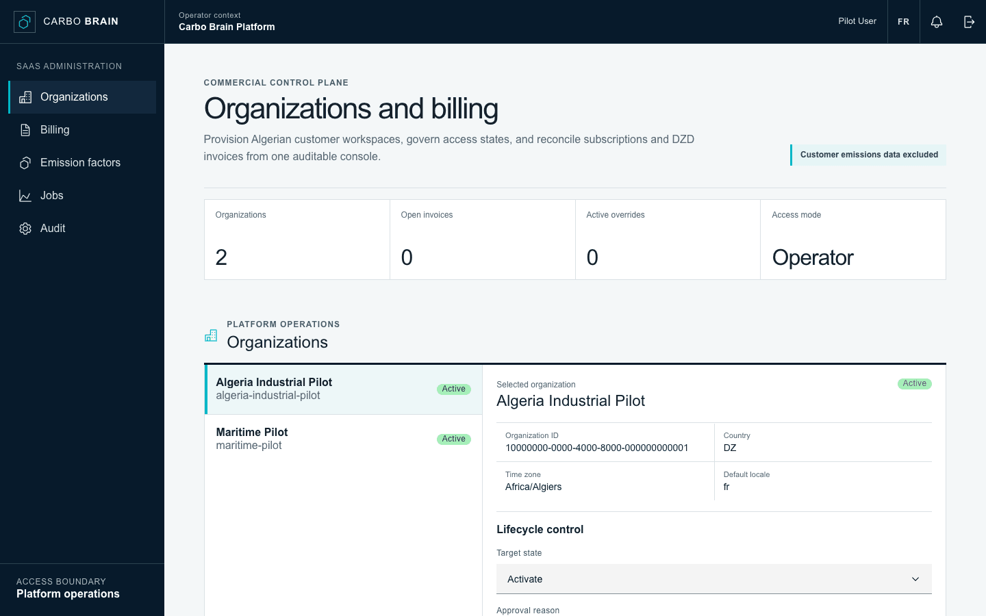 Current Carbo Brain platform console for Algerian organization lifecycle and DZD billing